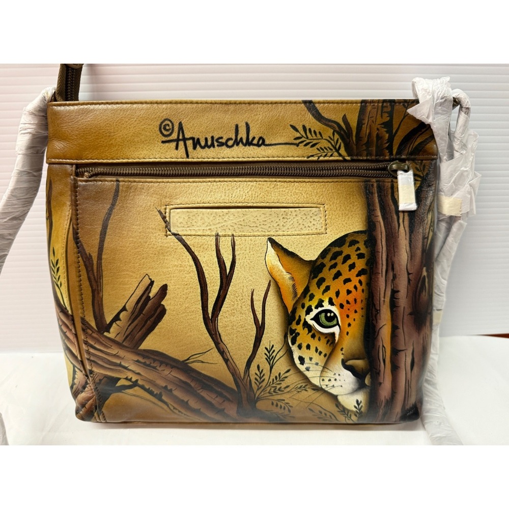 ANUSCHKA  AFRICAN LEOPARD CAT PURSE Hand-Painted Leather Crossbody‎ NEW RARE - Picture 5 of 15